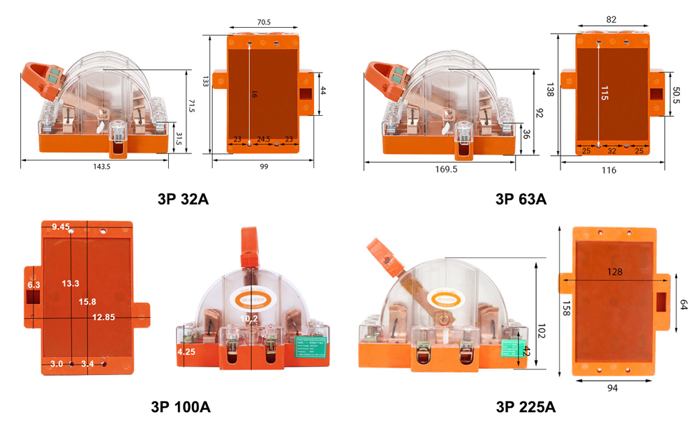 3 pole double throw knife switch dimensions