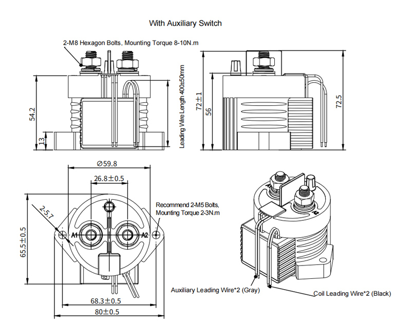350A high voltage DC contactor with auxiliary switch dimension