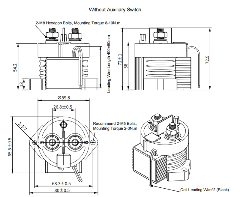 350A high voltage DC contactor without auxiliary switch dimension