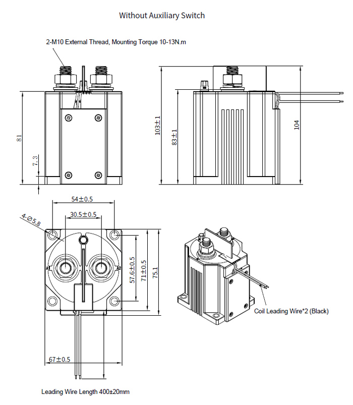 500A high voltage DC contactor without auxiliary switch dimension