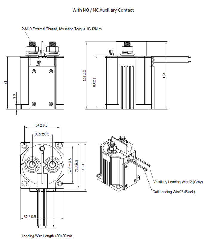 600A high voltage DC contactor with auxiliary switch dimension