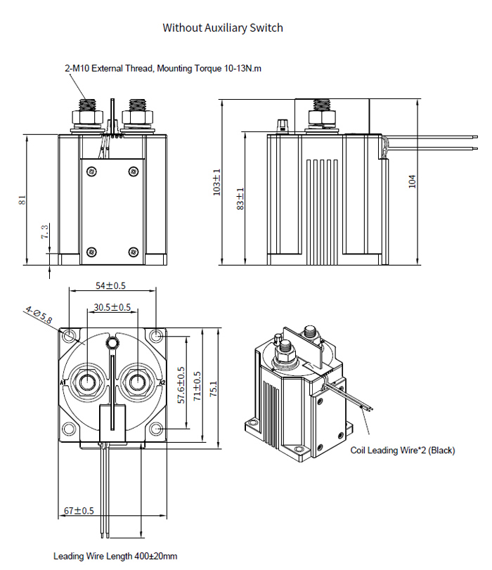 600A high voltage DC contactor without auxiliary switch dimension