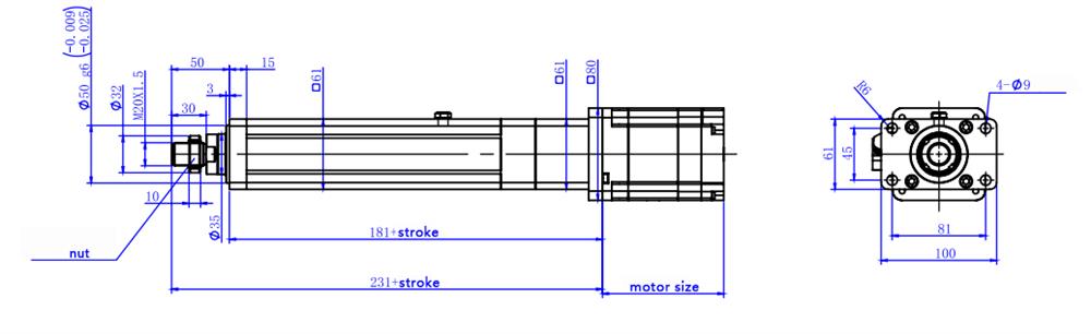 Dimension of in line type linear servo motor 