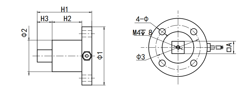 Reaction torque sensor flange to square drive 2-200 Nm dimension