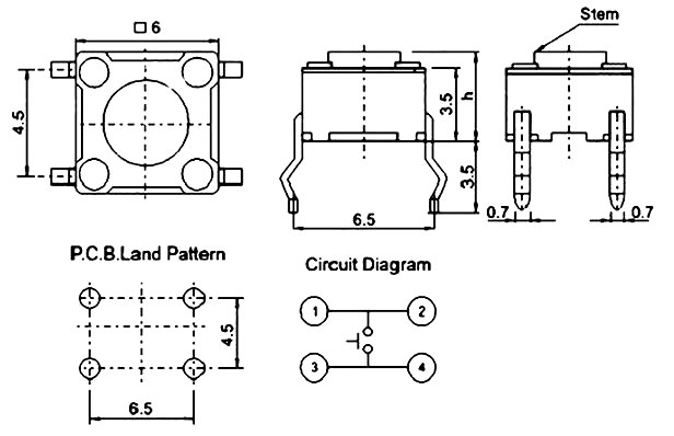 Tact push button switch dimension