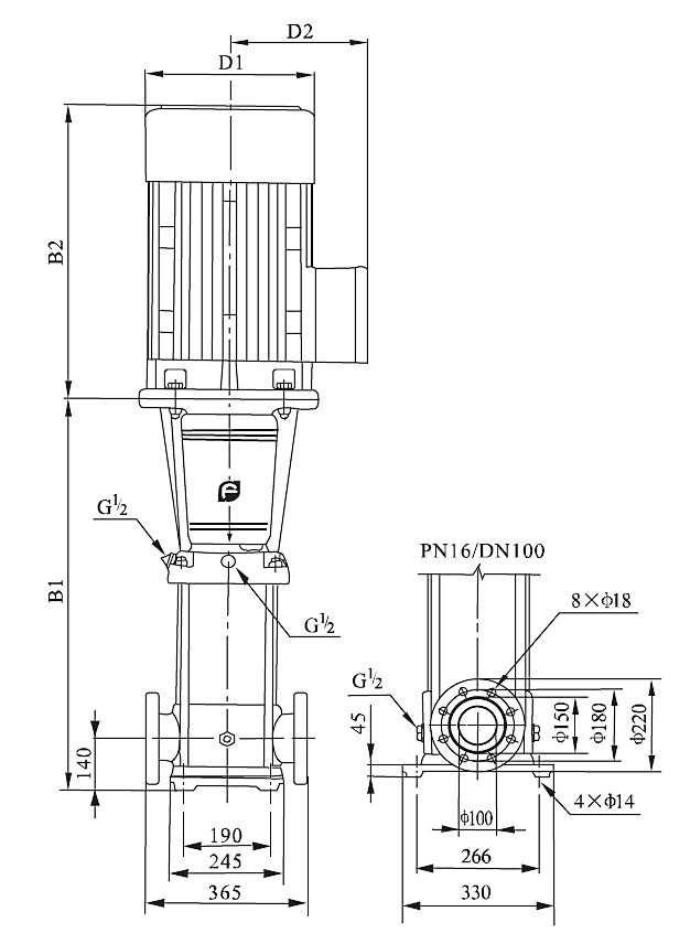 Vertical multistage centrifugal pump dn100 dimension