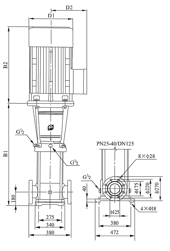 Vertical multistage centrifugal pump dn125 dimension