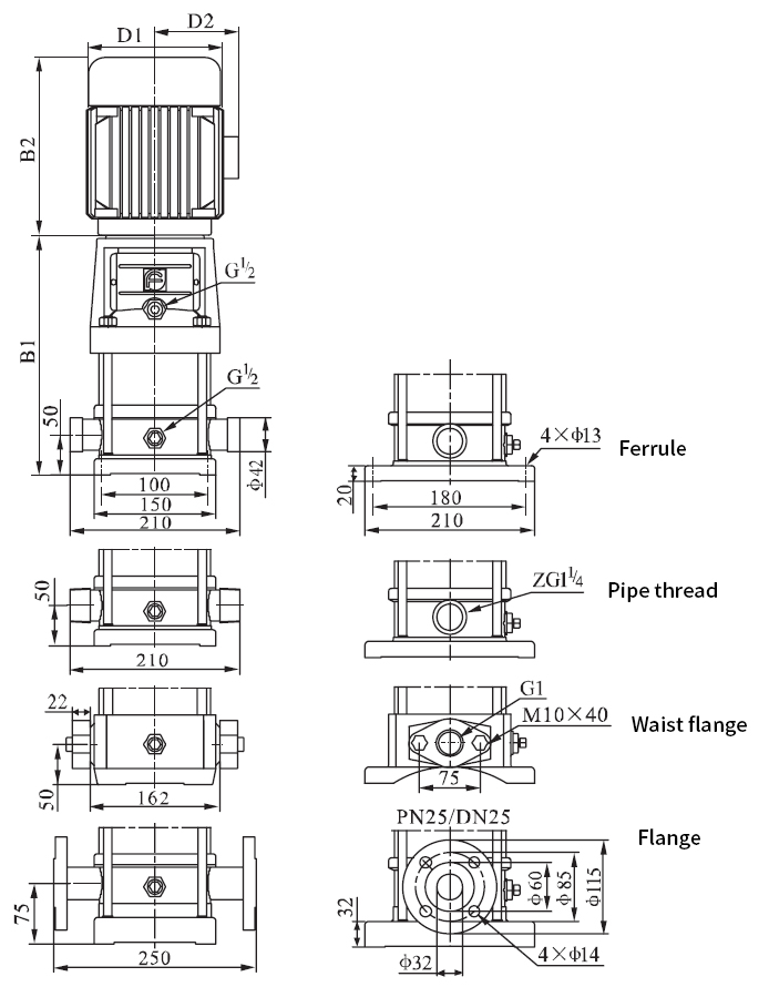 Vertical multistage centrifugal pump dn25 dimension
