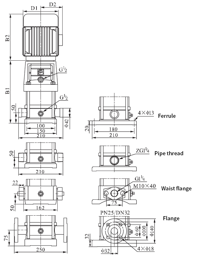 Vertical multistage centrifugal pump dn32 dimension