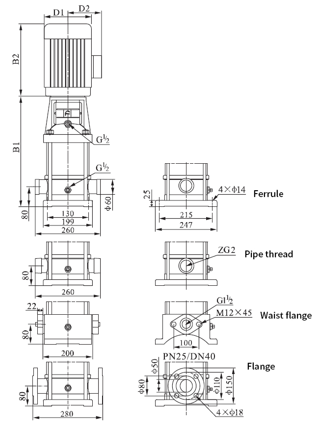 Vertical multistage centrifugal pump dn40 dimension