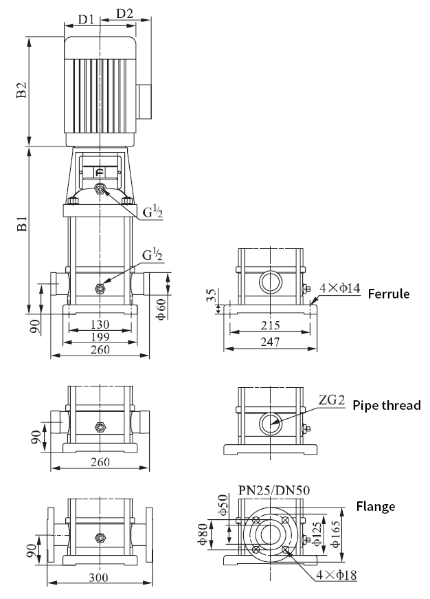 Vertical multistage centrifugal pump dn50 dimension