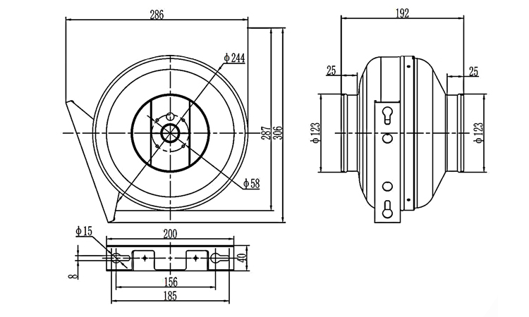 5 inch (125mm) inline centrifugal duct fan dimension