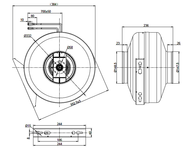 6 inch (150mm) inline centrifugal duct fan dimensions
