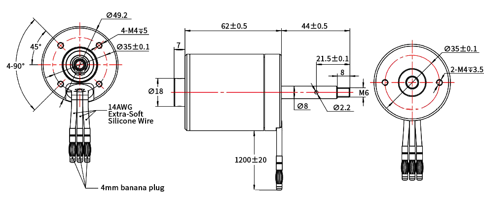500W 160KV 12S Waterproof Brushless DC Motor, IP68 dImensions