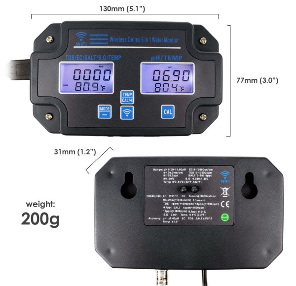 6 in 1 water quality tester dimension