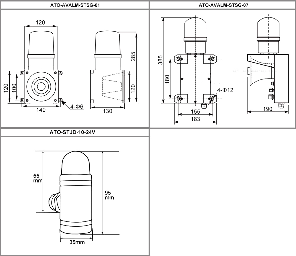 100-120dB AC 380V/220V DC 24V/12V audible and visual alarm dimensions