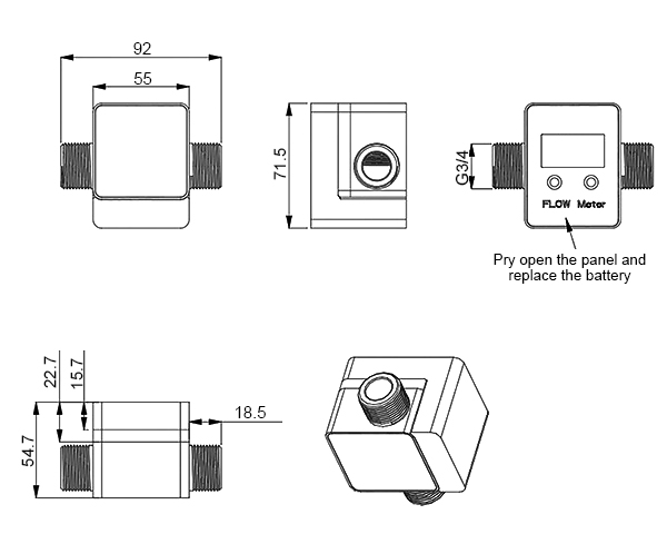 Digital liquid flow meter dimension
