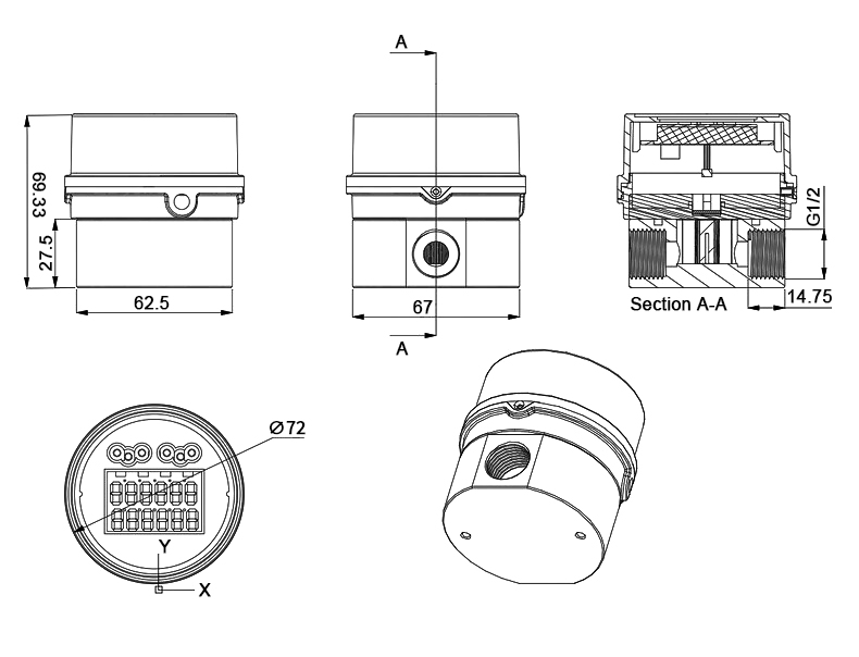Dimension of digital oval gear flow meter for water