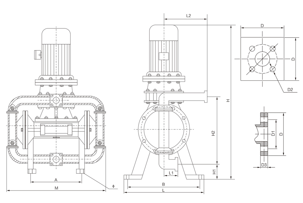 Dimensions of Electric Operated Double Diaphragm Pump with Motor