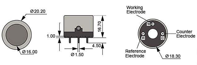 Electrochemical carbon monoxide sensor dimension
