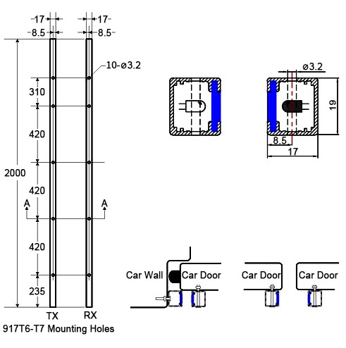 Elevator light curtain mounting holes