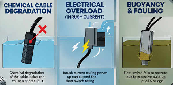 Float switch failure causes diagram of cable electrical and buoyancy failures
