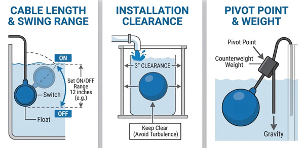 Technical diagram for float switch cable, clearance, and counterweight setup.
