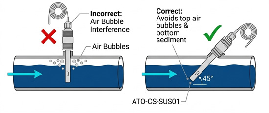 Correct 45 degree angle conductivity sensor installation avoids bubbles.