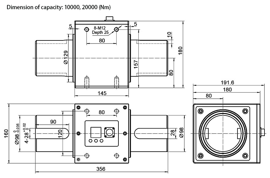 Rotary torque sensors dimension for capacity 10000-20000 Nm