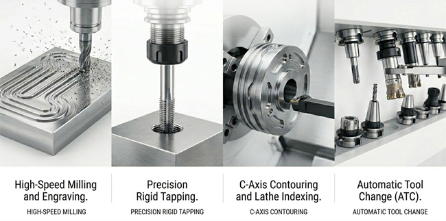 Servo spindle motor applications including milling, tapping, and ATC.