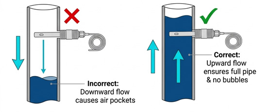 Upward flow ensures full pipe for conductivity sensor measurement.