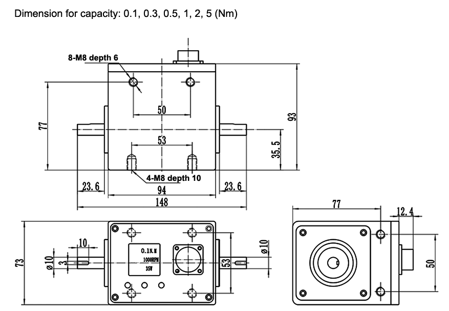Rotary torque sensor dimension for capacity 0.1-5 Nm