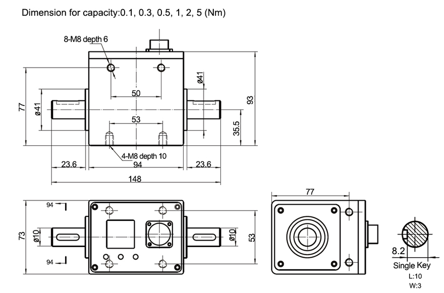 Rotary torque sensor dimension for capacity 0.1- 5Nm