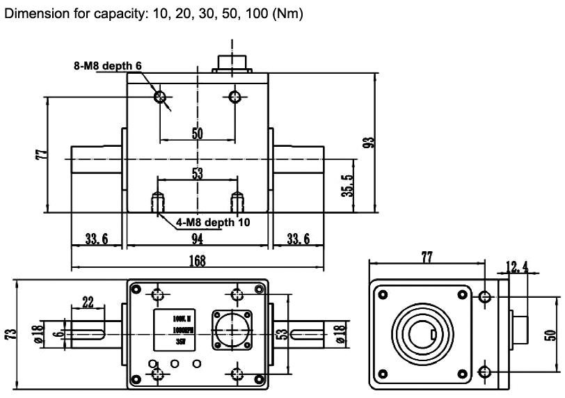 Rotary torque sensor dimension for capacity 10-100 Nm