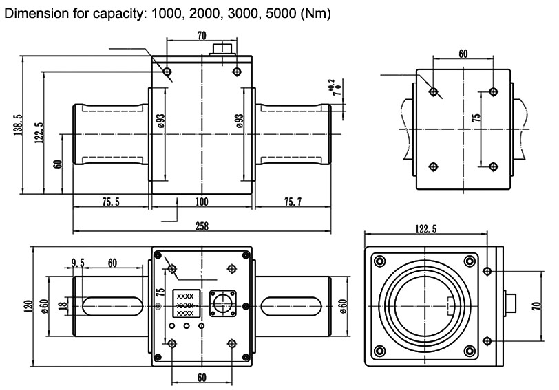 Rotary torque sensor dimension for capacity 1000-5000 Nm