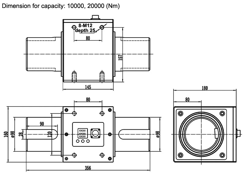 Rotary torque sensor dimension for capacity 10000-20000 Nm
