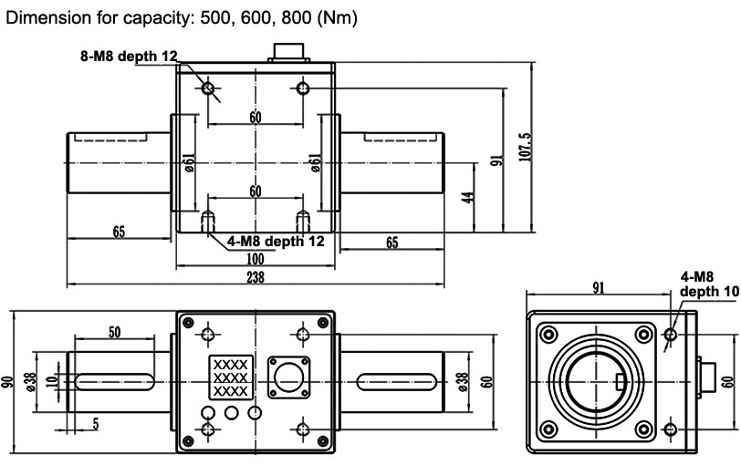Rotary torque sensor dimension for capacity 500-800 Nm