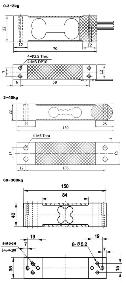 Single point load cell 300g to 500kg dimensional drawing