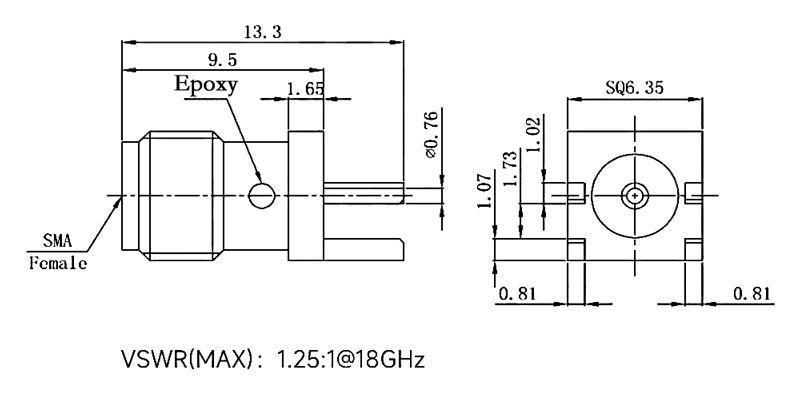 SMA female 4 pin RF coaxial connector PCB mount dimension