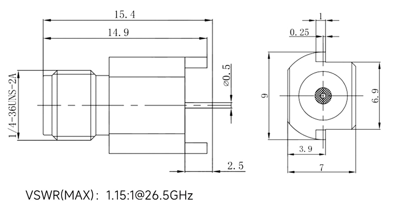 SMA female RF coaxial connector PCB mount dimension