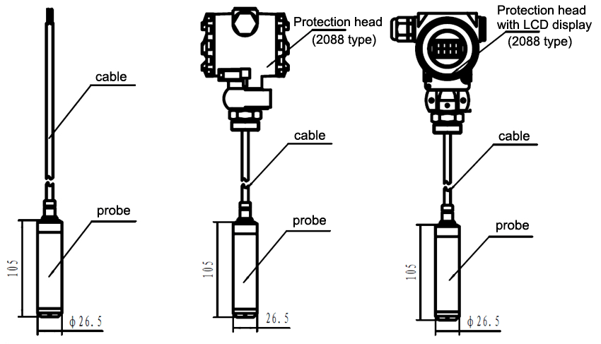 Submersible level sensor for water/oil/fuel tank dimensional drawing