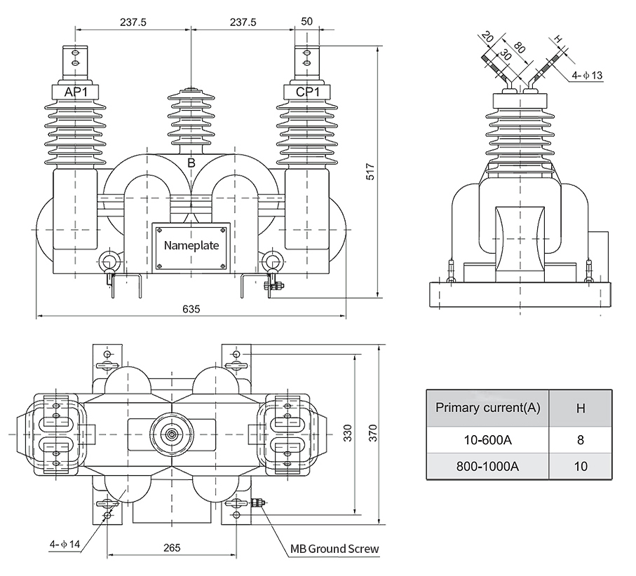 Three phase potential transformer overall dimension drawing