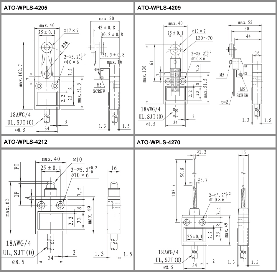 Waterproof limit switch with roller lever/top plunger/coil spring dimensional drawing